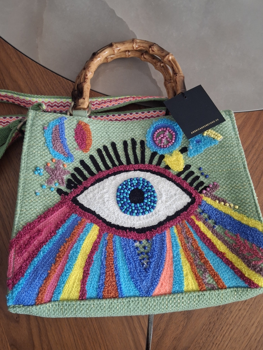 America & Beyond Green Embroidered Eye Tote Bag with Bamboo Handle